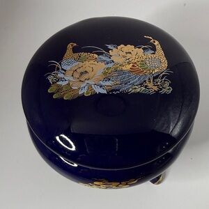 Vintage Japanese Cobalt Blue Gold Peacocks Porcelain Refreshener Candle Trinket